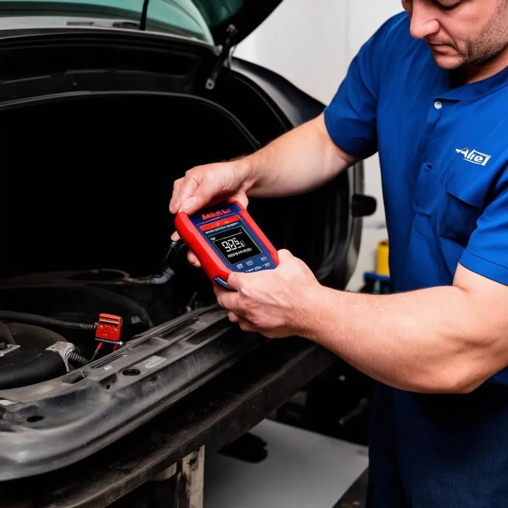 Mechanic using Autel MaxiDAS DS708 diagnostic scanner