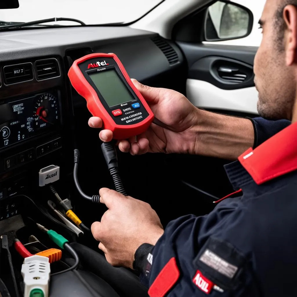 Mechanic using an Autel scanner to diagnose a car