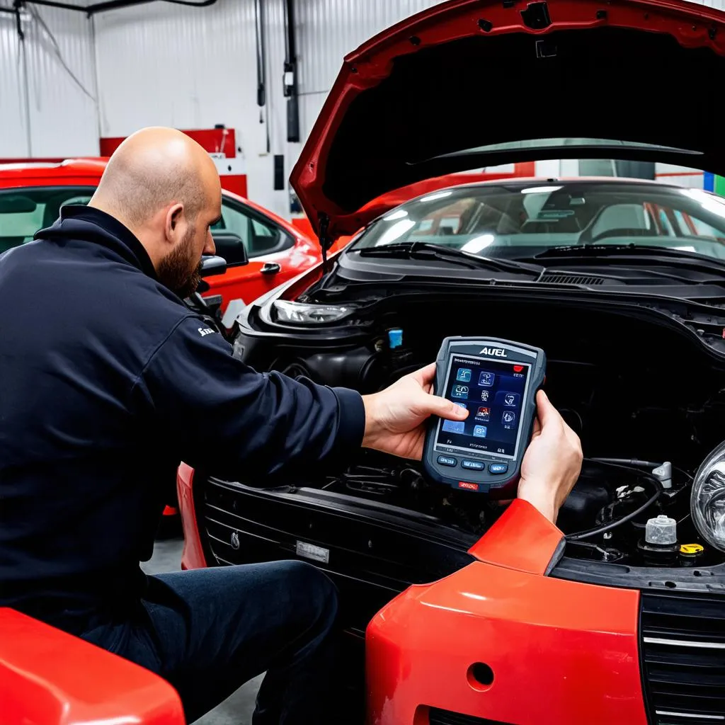 Mechanic Using Autel Scanner on European Car