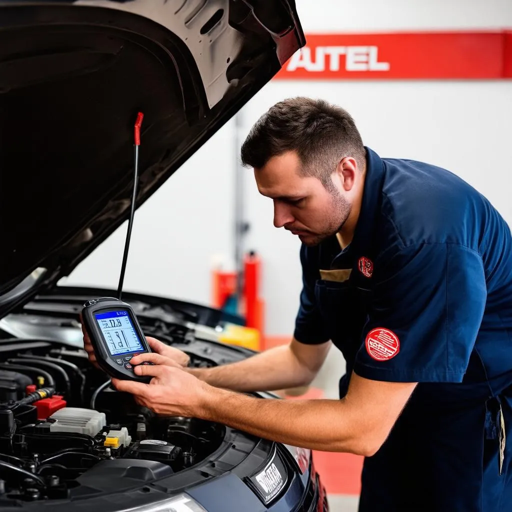 Mechanic using Autel scanner to diagnose car problems