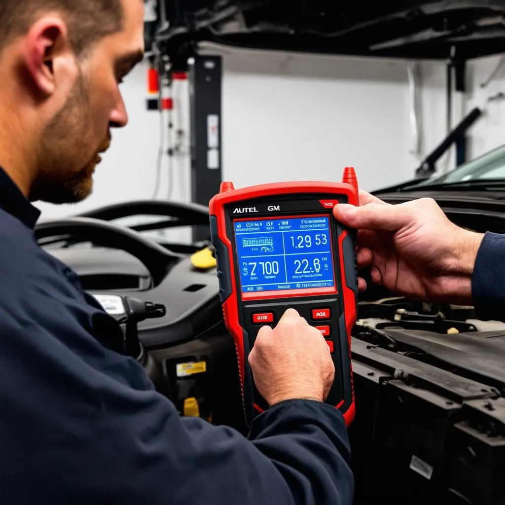 A mechanic using an Autel scanner to diagnose a GM vehicle