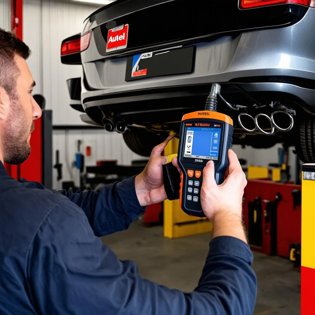 A mechanic using an Autel scanner to diagnose a car problem in a repair shop.