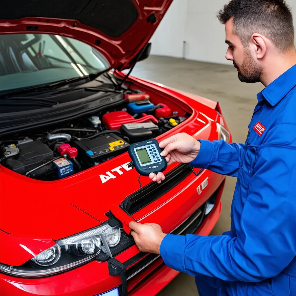 Mechanic Using Autel Scanner on Car