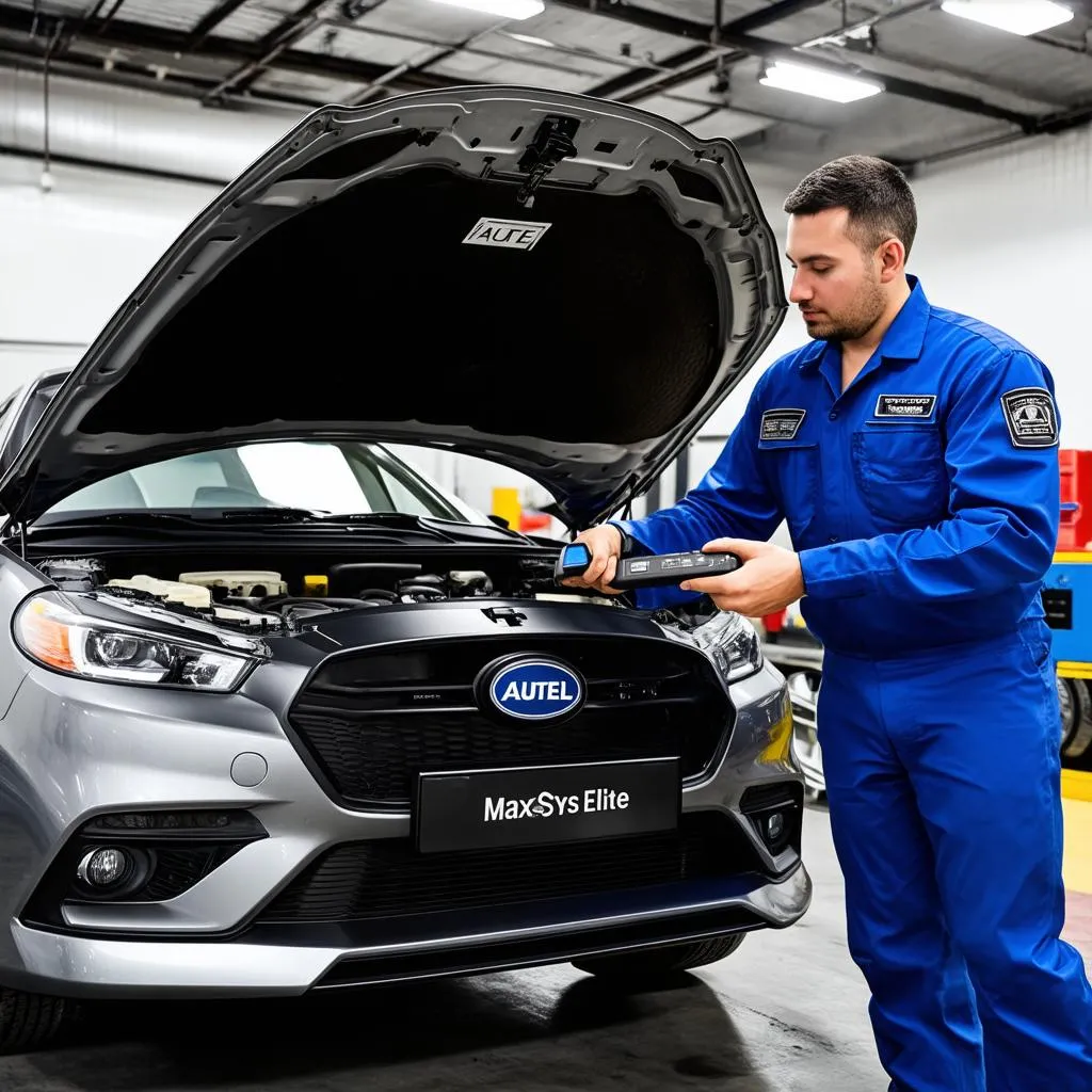 Mechanic using Autel scanner on a car