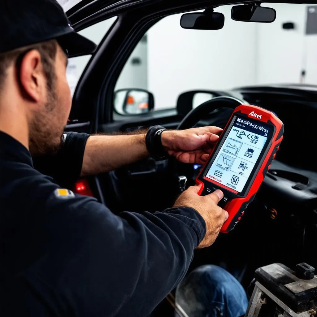 Mechanic Using Autel Scanner on a Car