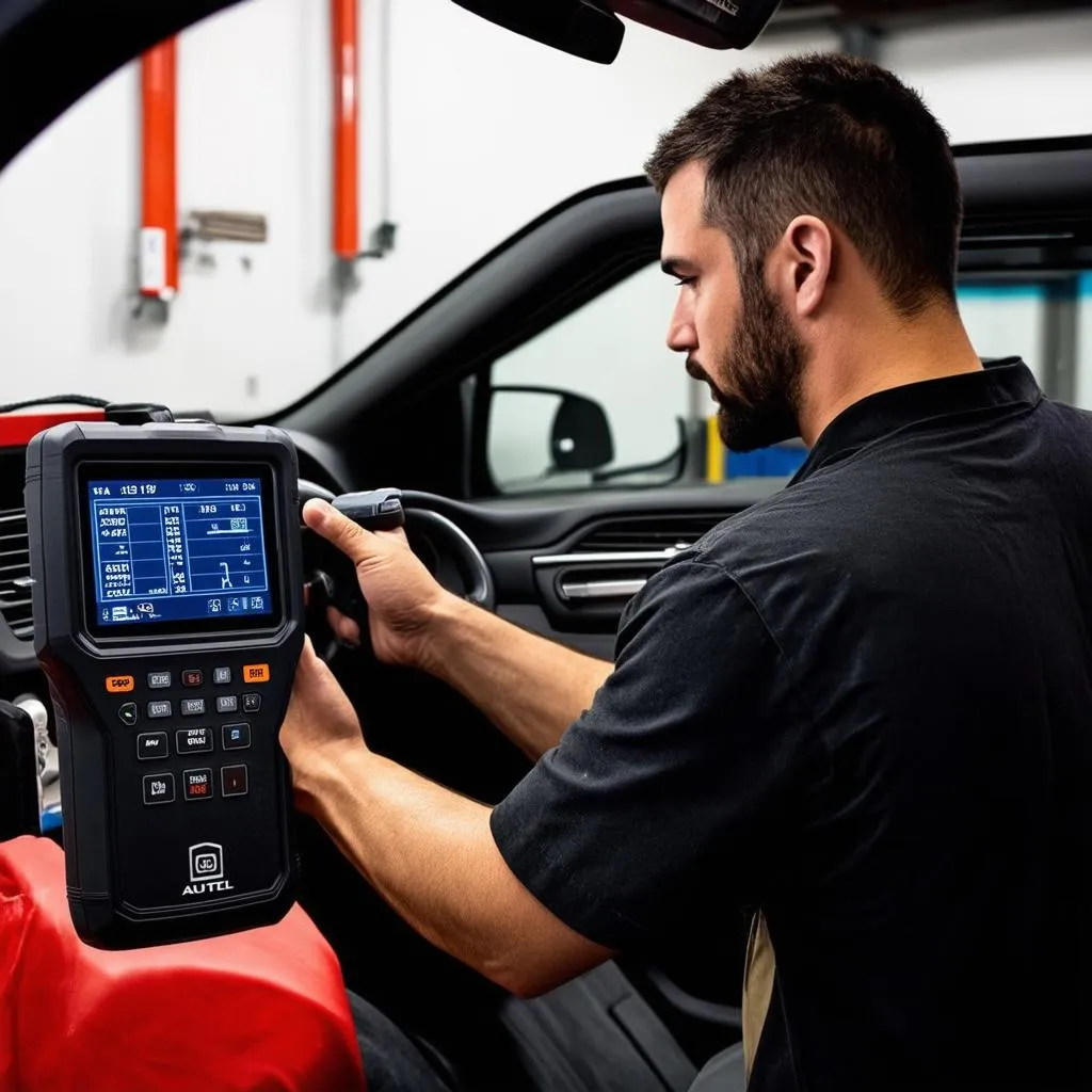 Mechanic using Autel Scanner to Diagnose a Jeep