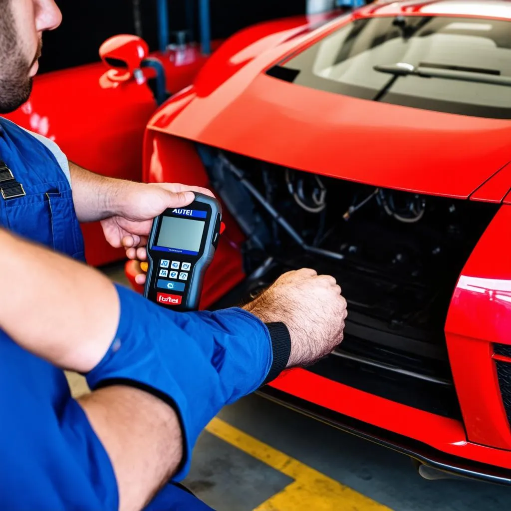 Mechanic using Autel Scanner on a vehicle