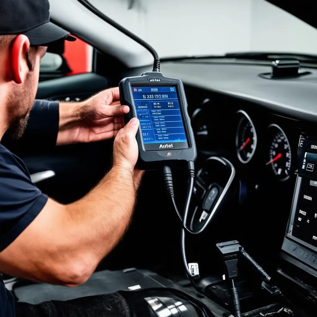 Mechanic Using Autel Scanner on European Car