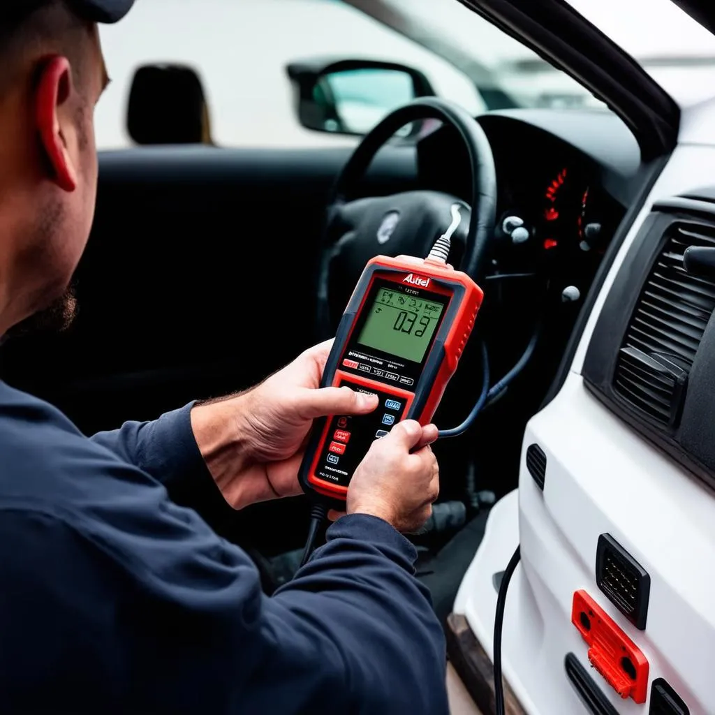 A mechanic diagnosing a car with an Autel scanner