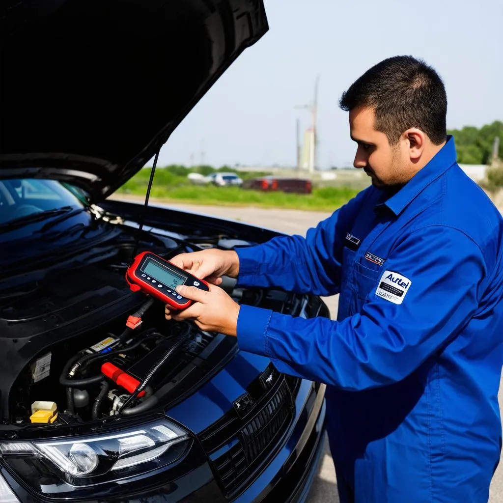 Mechanic using an Autel diagnostic scanner on a car