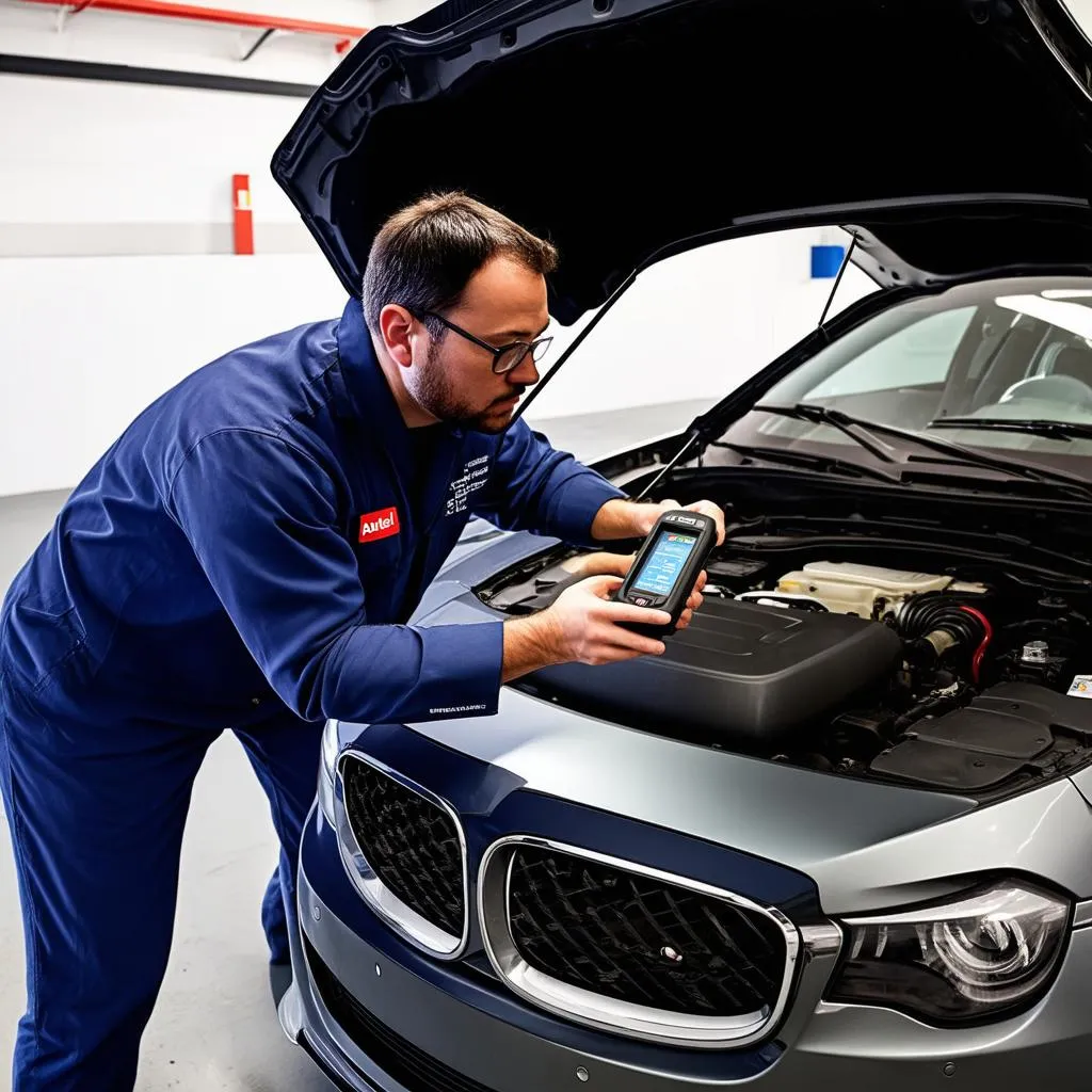 Mechanic Using Autel Scanner on a European Car