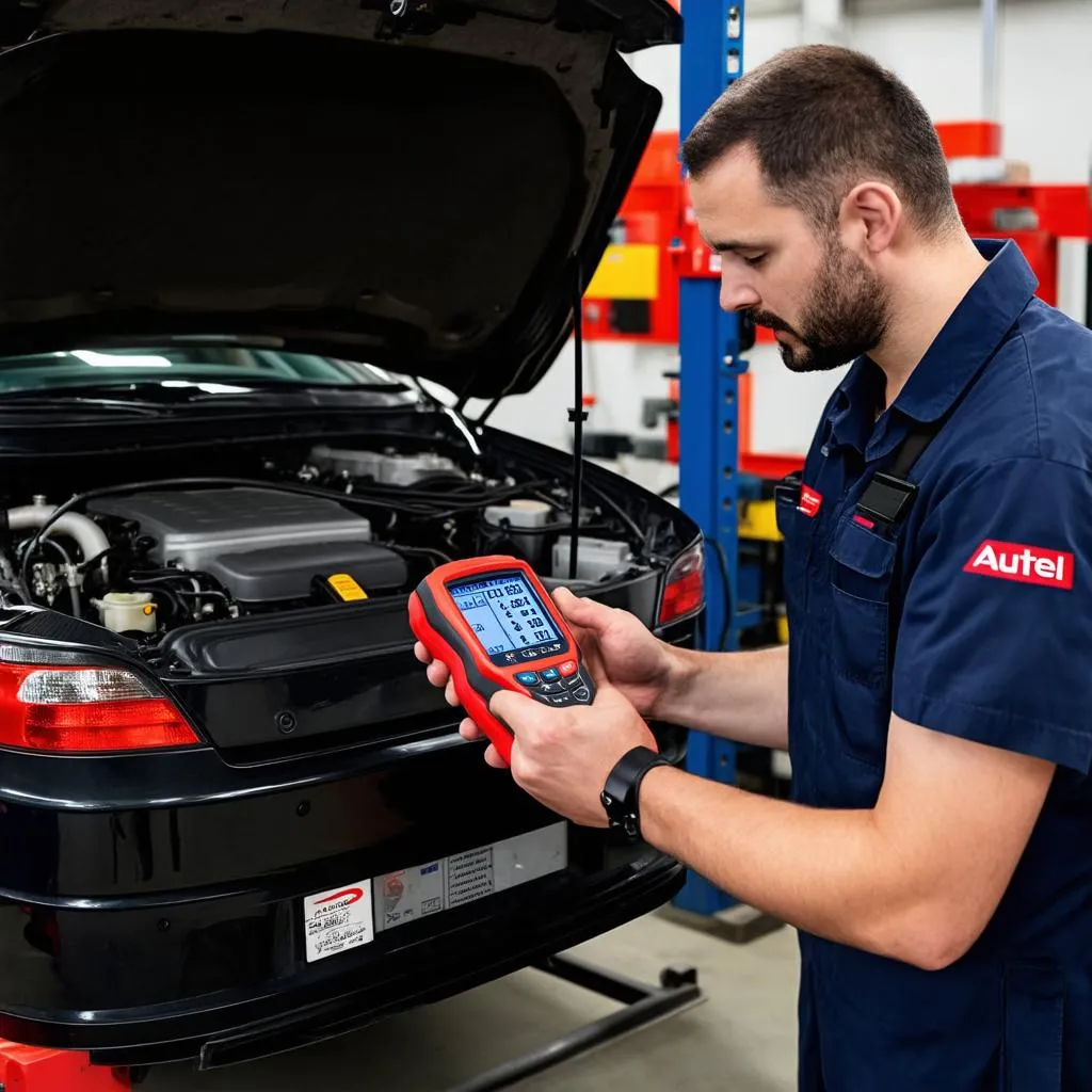 Mechanic using an Autel scanner to diagnose a car