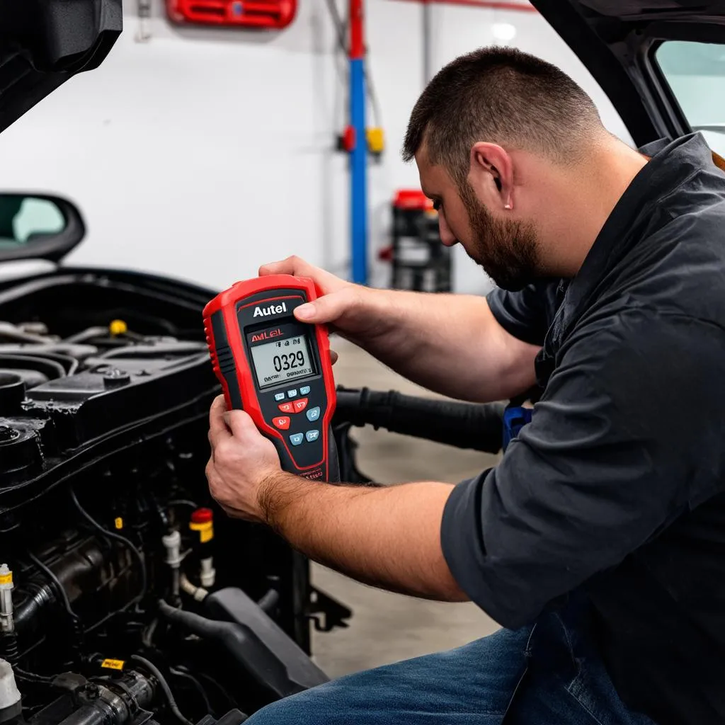 Mechanic using Autel ML529 OBD2 Scanner