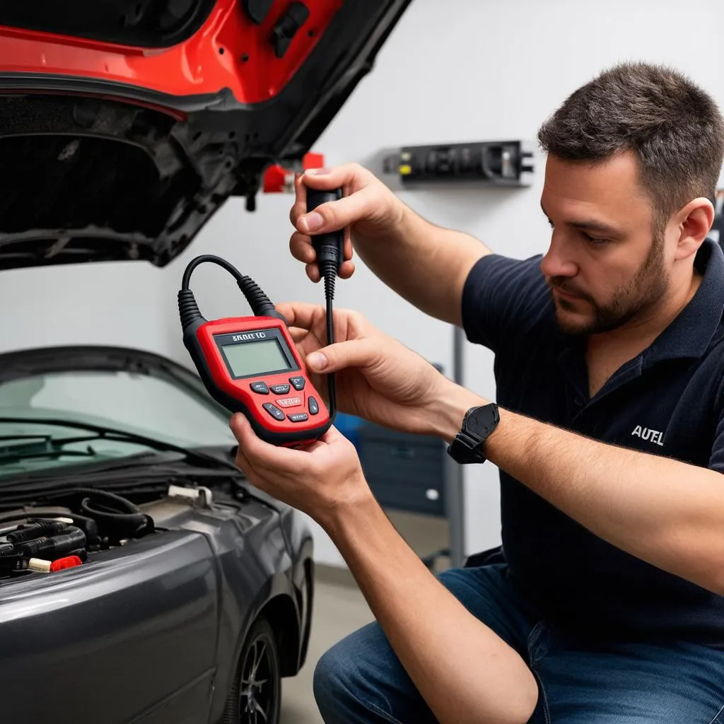 Mechanic using Autel scanner