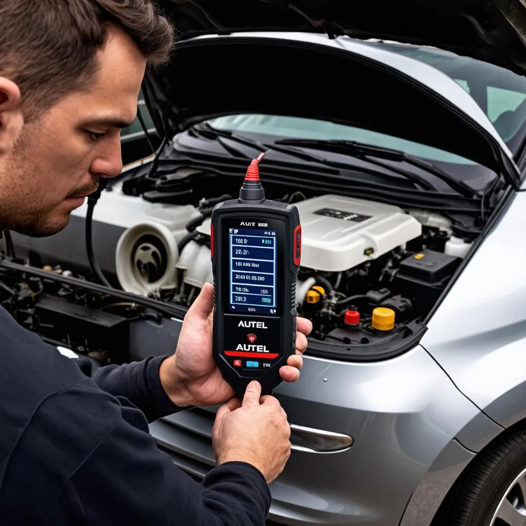 Mechanic Using Autel Scanner on a European Car