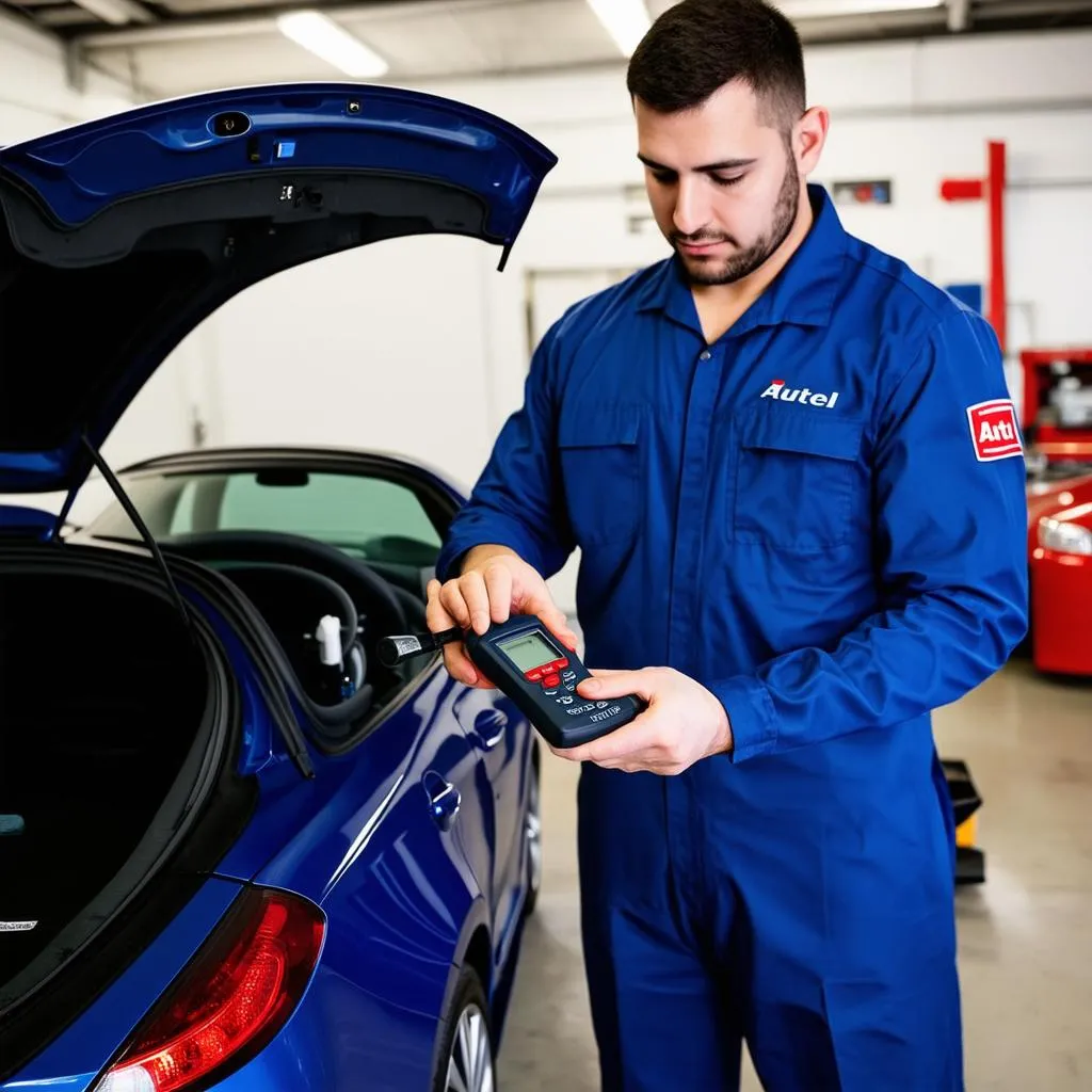 Mechanic Using Autel Scanner on Car