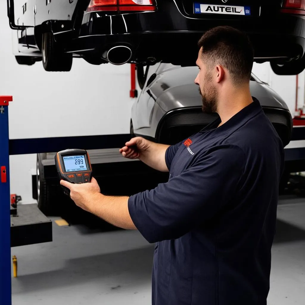 Mechanic using an Autel scanner on a car