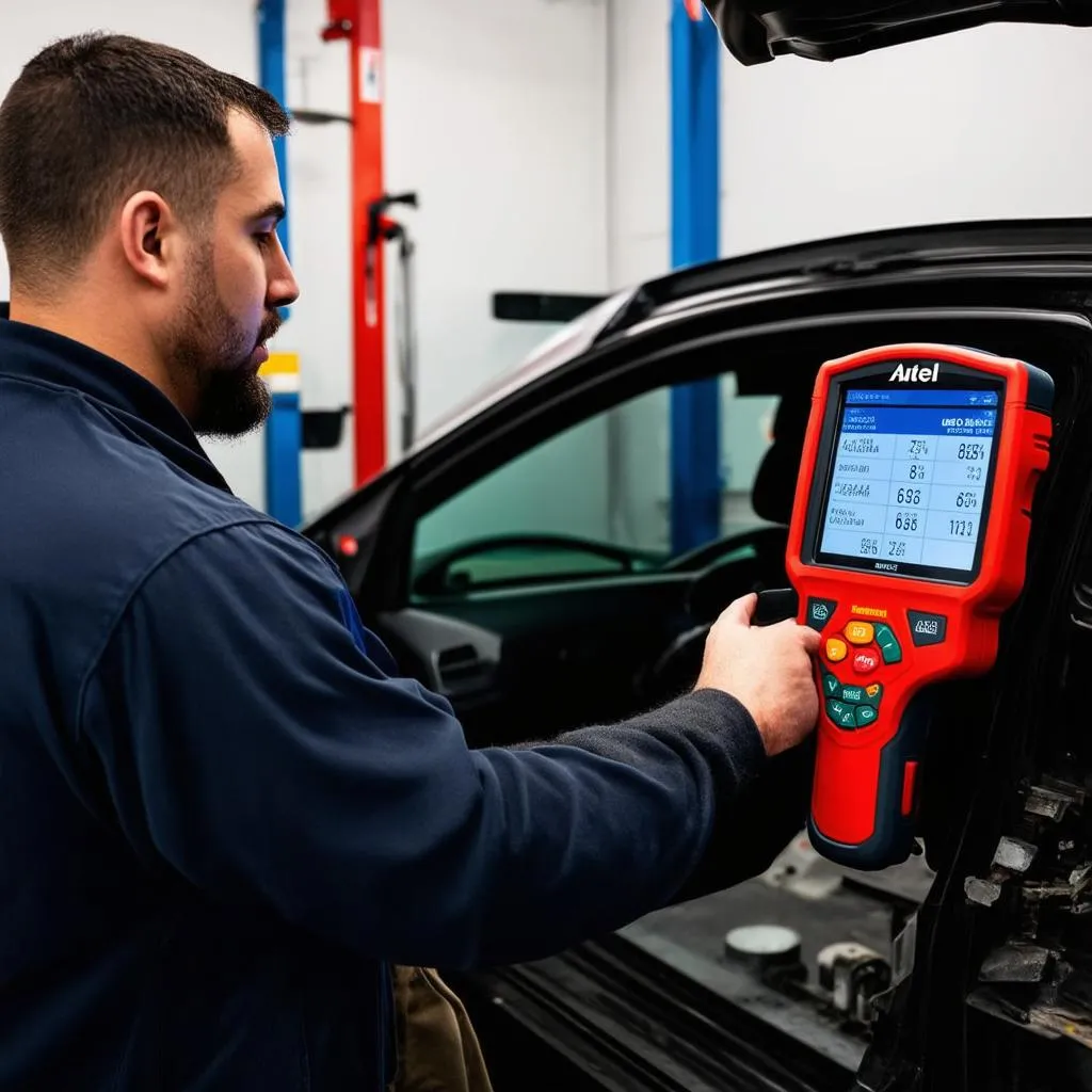 Mechanic using an Autel Scanner on a car