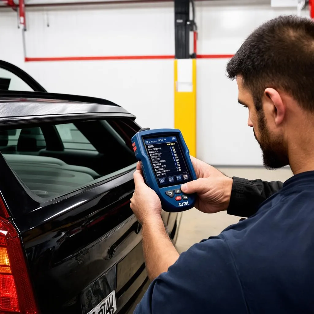 Mechanic Using Autel Scanner for Diagnostics