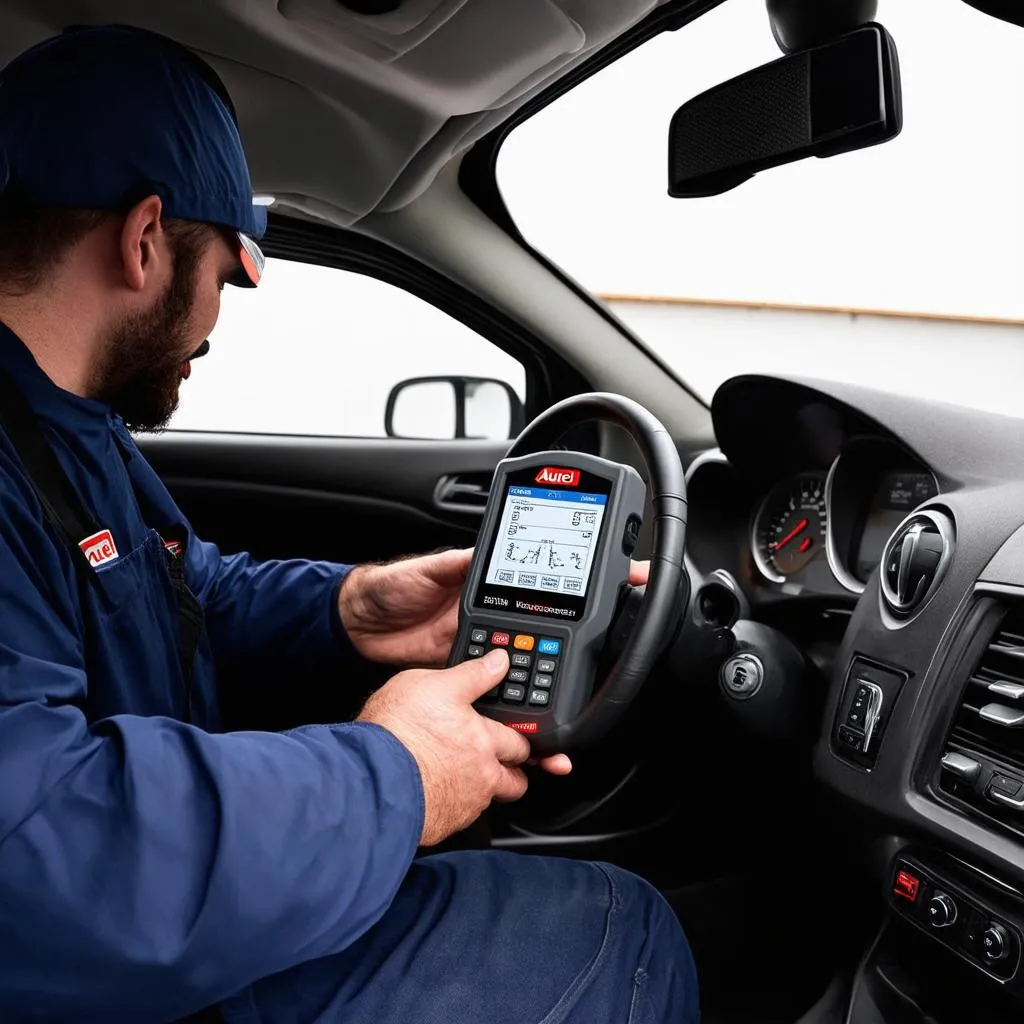 Mechanic Using Autel Scanner on a European Car