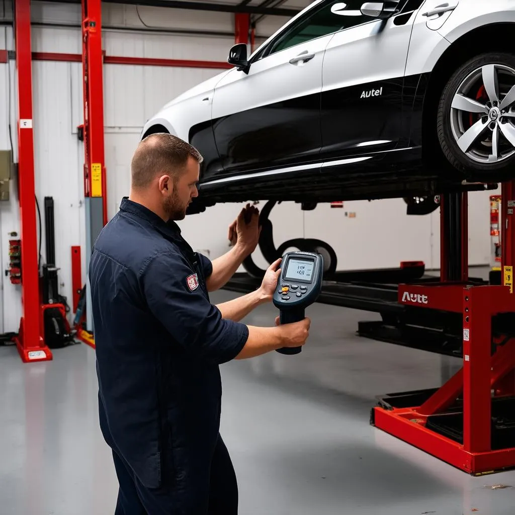 Mechanic Using Autel Scanner to Diagnose Car