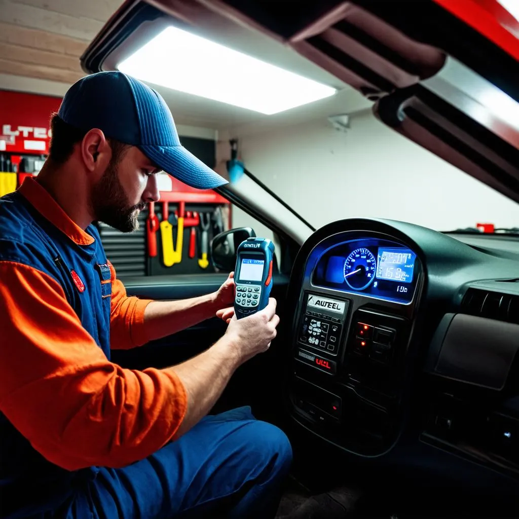 Mechanic Using Autel Scanner to Diagnose Car Problem