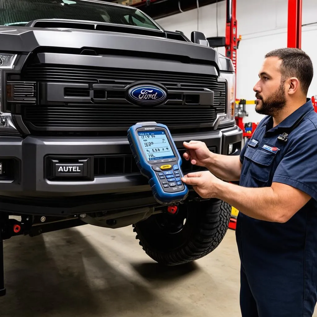 Mechanic using Autel scanner on a Ford pickup