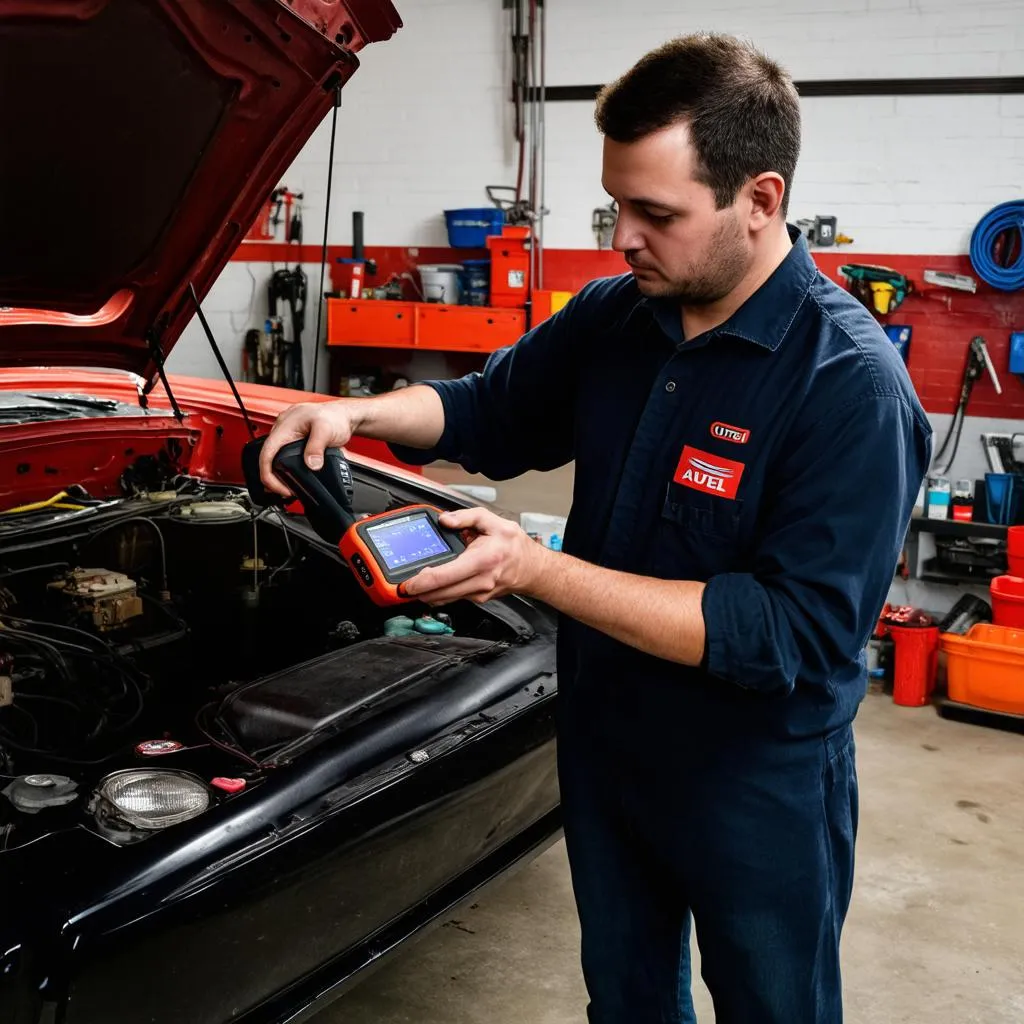 Mechanic Using Autel Scanner on Classic Car