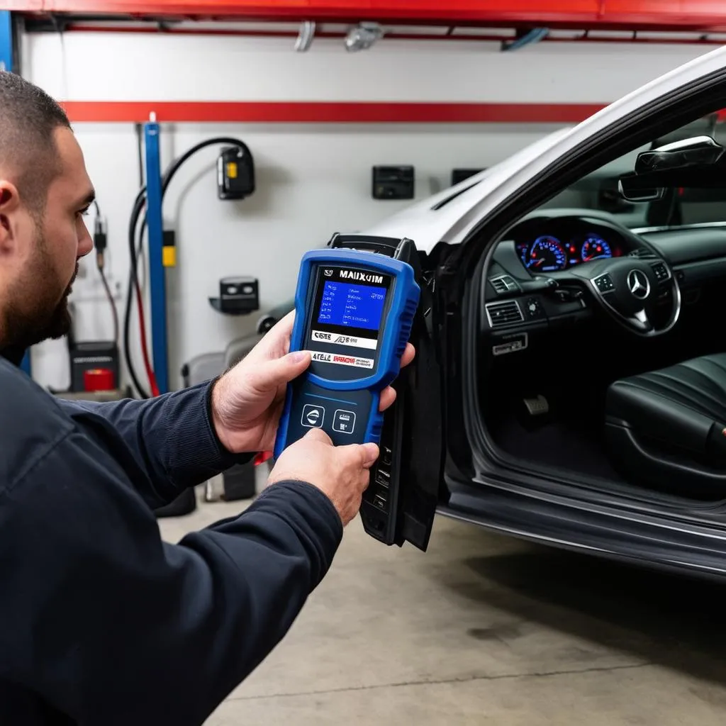 Mechanic using Autel IM508S Pro on a Mercedes-Benz