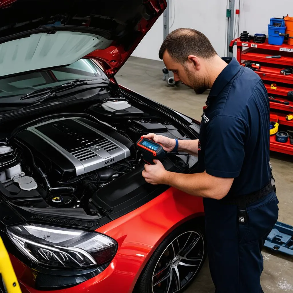 Mechanic Diagnosing a European Car with Autel Scanner