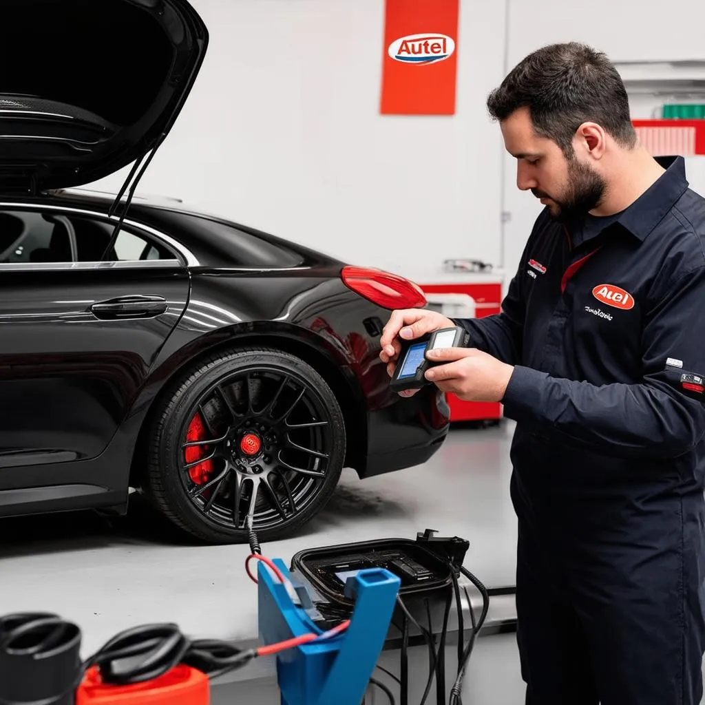 Mechanic using Autel Scanner on European car