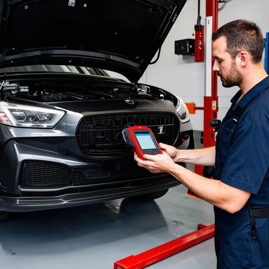 Mechanic Using Autel Scanner on European Car