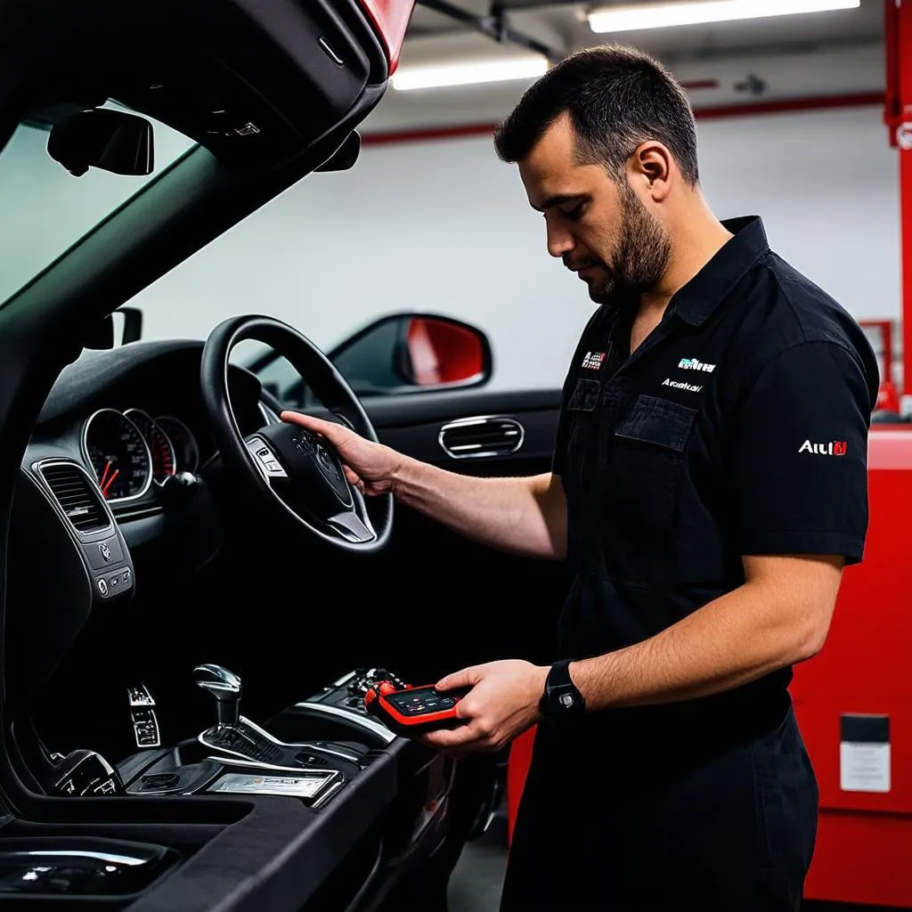 Mechanic using Autel Scanner on a European Car