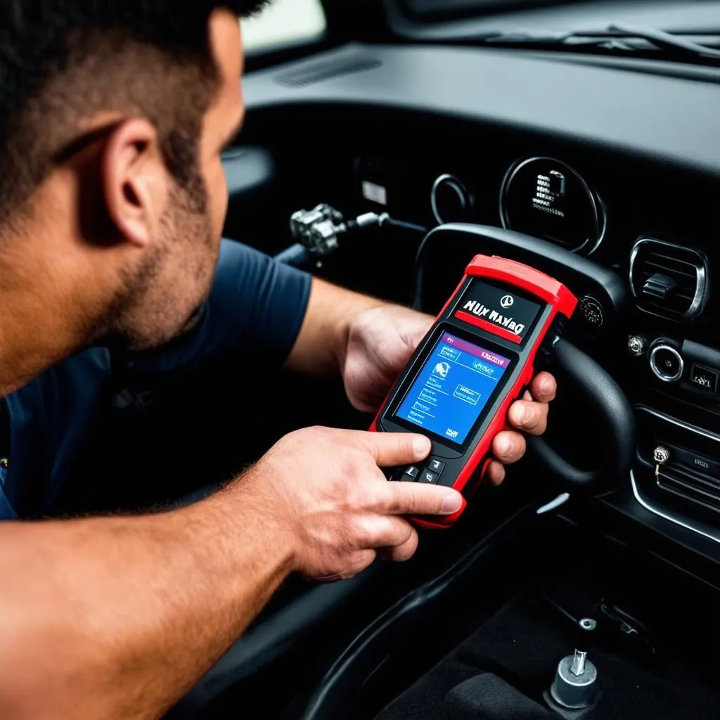 Mechanic Using Autel Scanner on Mercedes