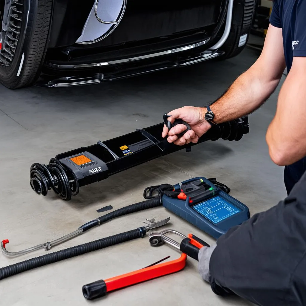 Mechanic Using Autel Scanner on Mercedes Air Suspension