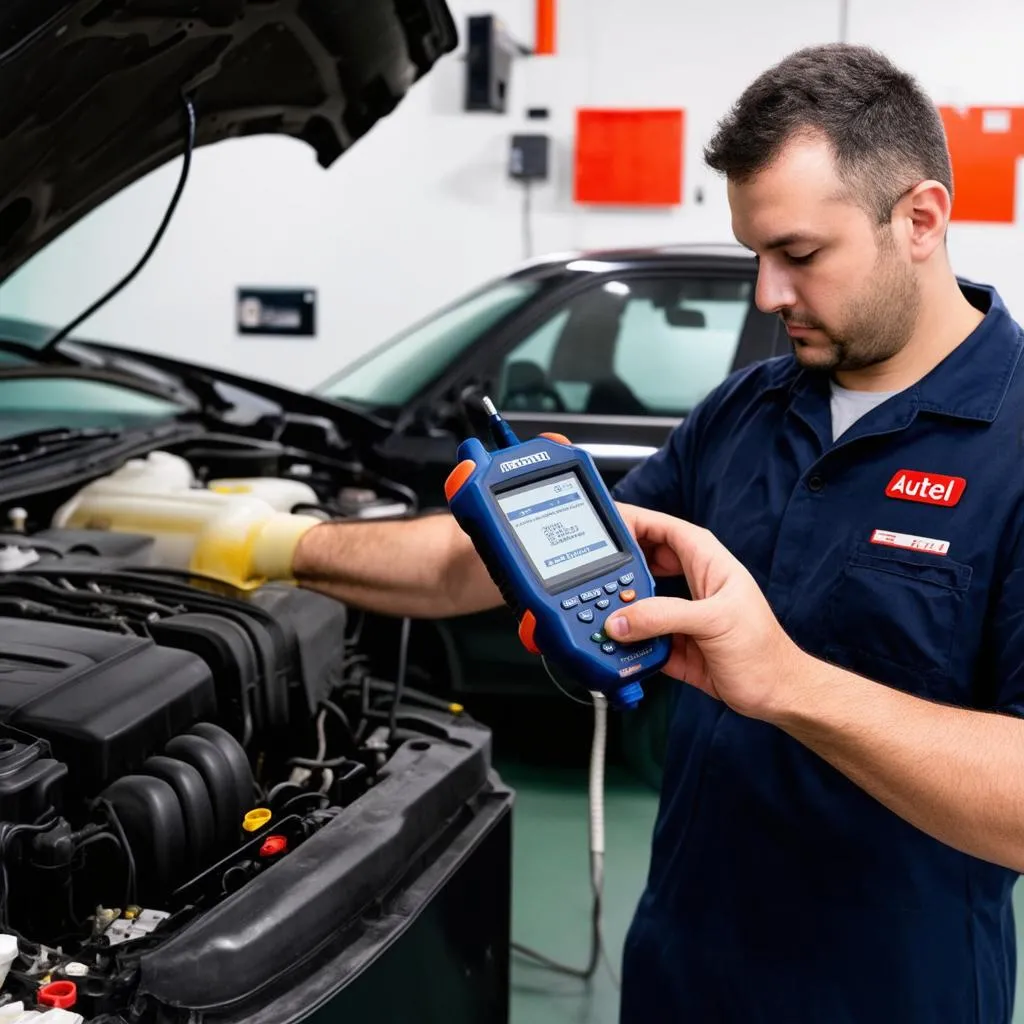 Mechanic Using Autel Scanner to Program ECU