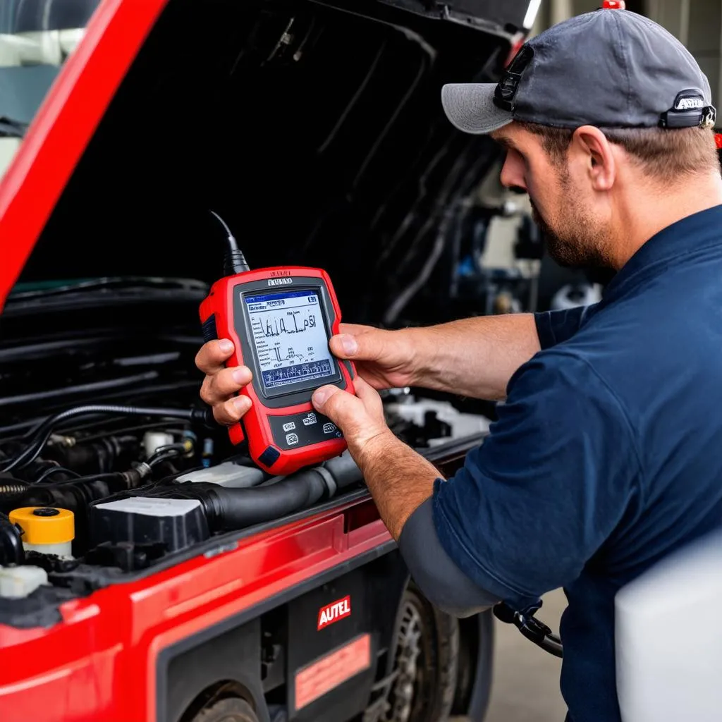 Mechanic using Autel Scanner on truck