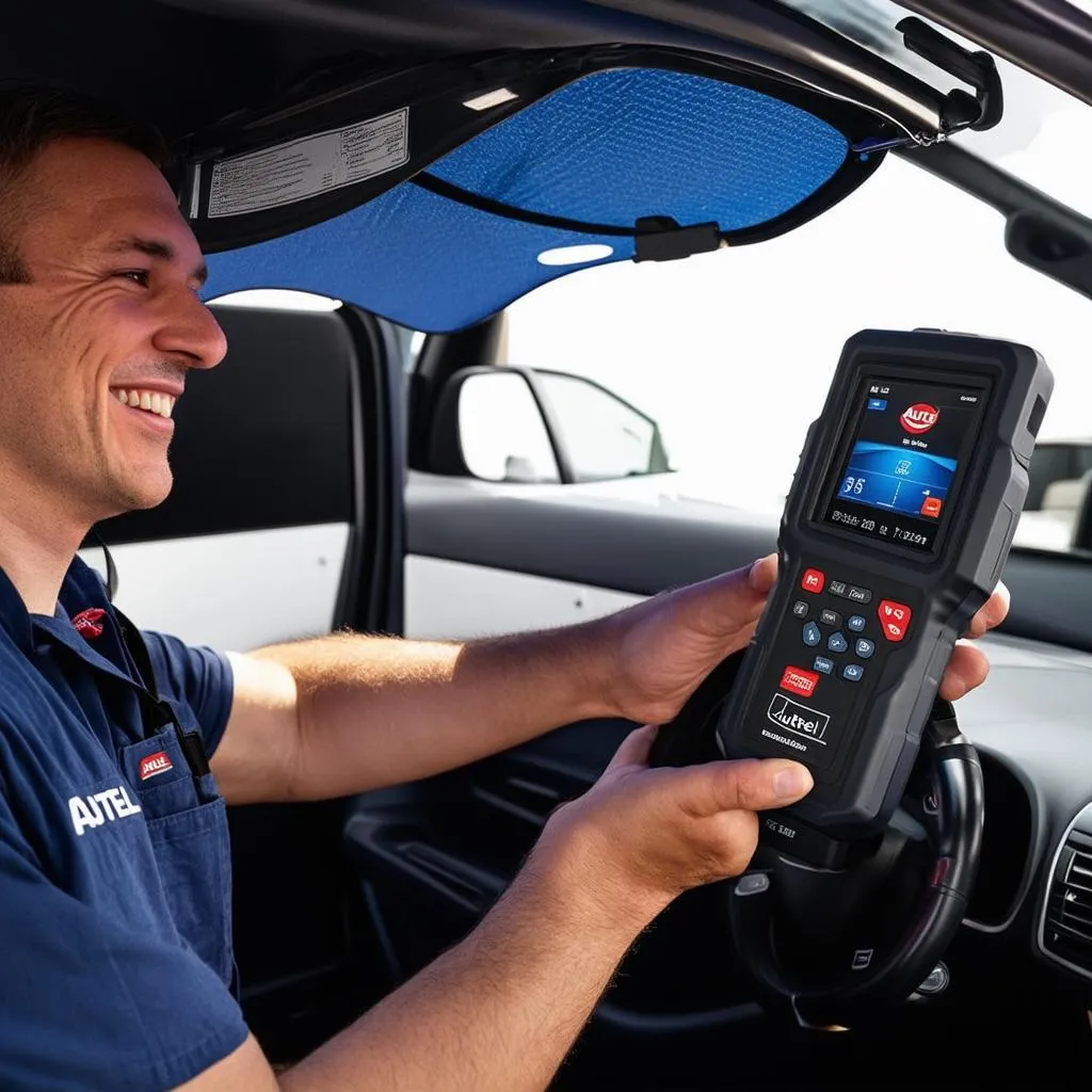 Mechanic Using Autel Scanner with Sunshade