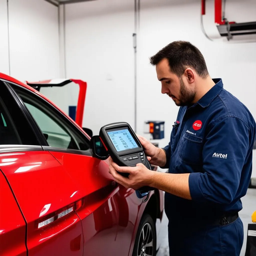 Mechanic Using Autel Scanner in Workshop