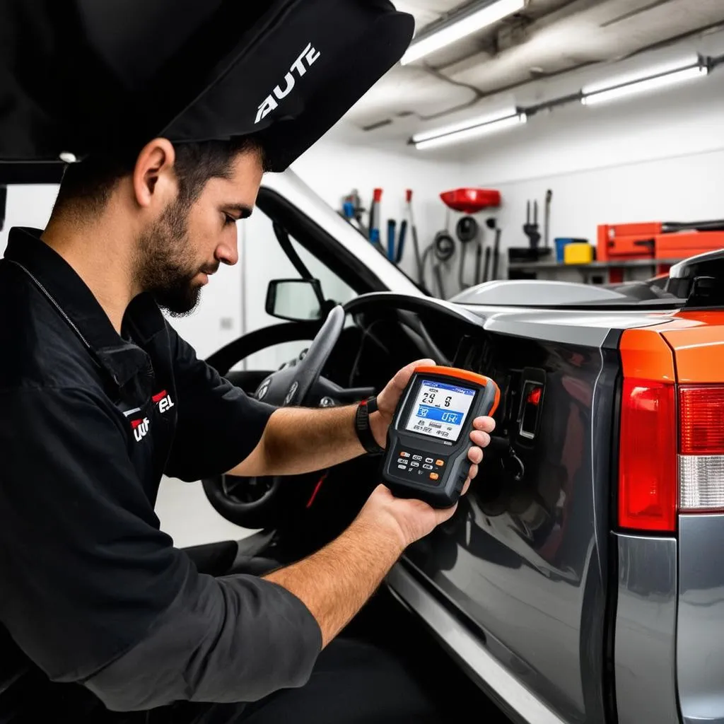 Mechanic Using Autel Scanner in Workshop