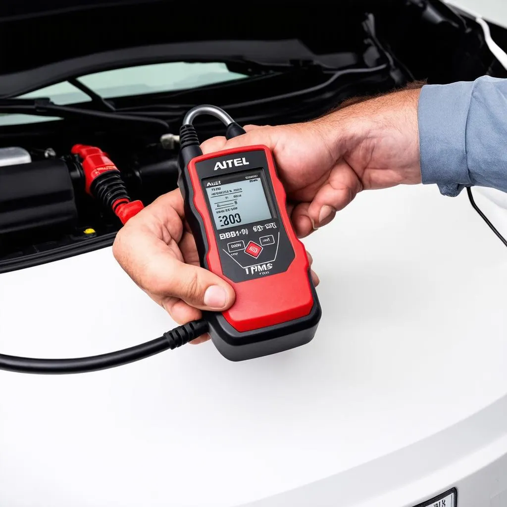 Mechanic using the Autel TBE200 to diagnose a car