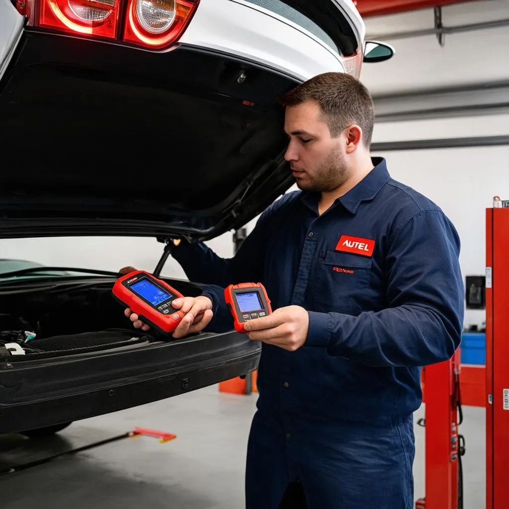 Mechanic using the Autel TS408 in a garage to diagnose a car problem