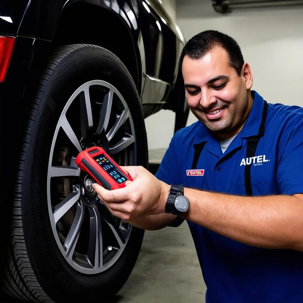 Mechanic using Autel TS408 on a car