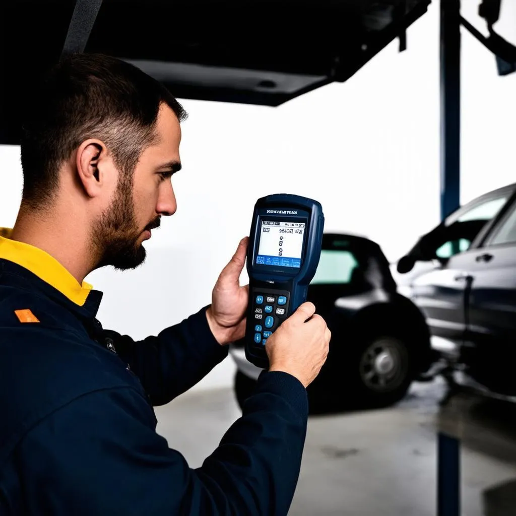 Mechanic using Autel TS501 on a car