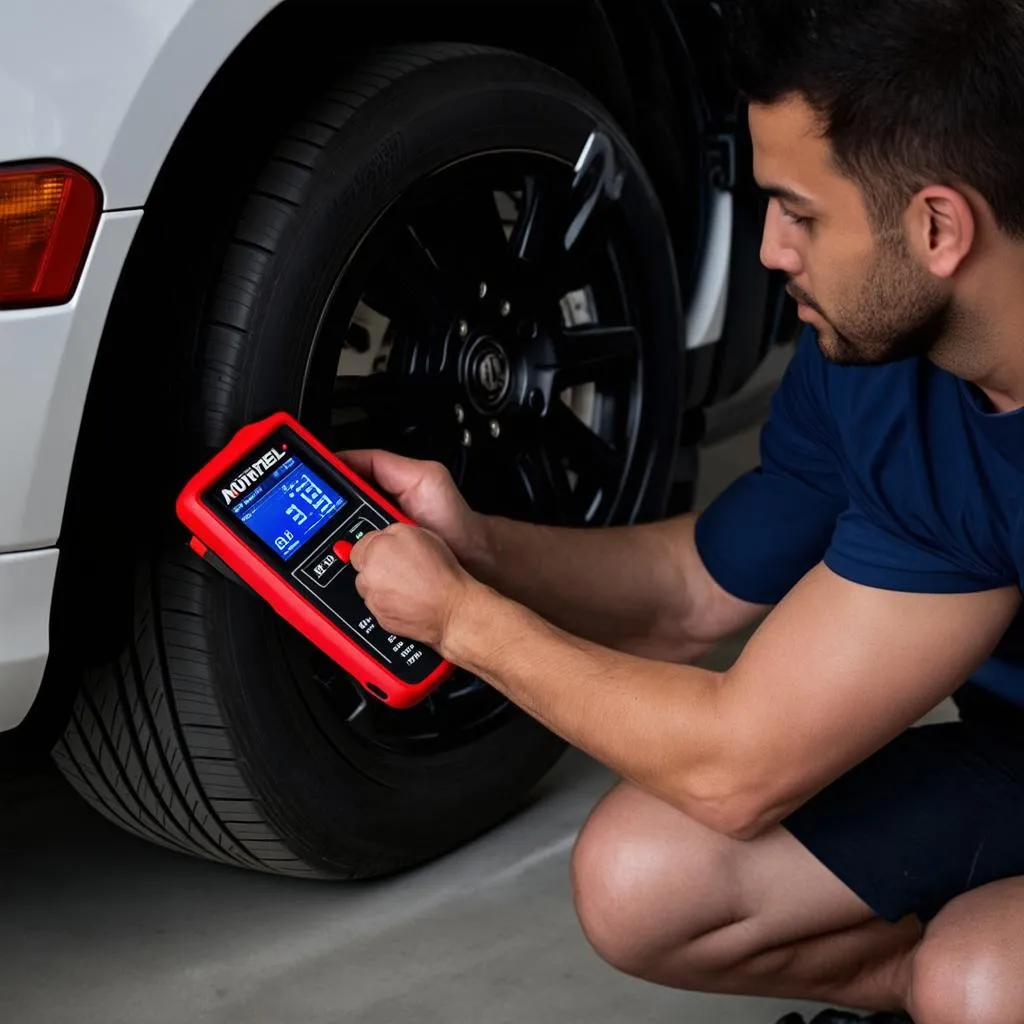 Mechanic using the Autel MaxiTPMS TS508WF on a car's tire