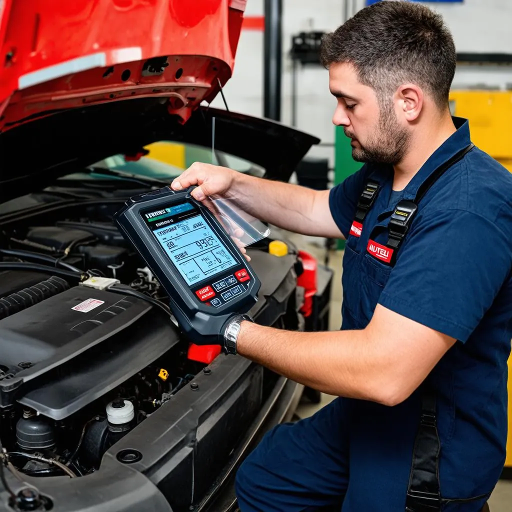 Mechanic Using Autel TS608