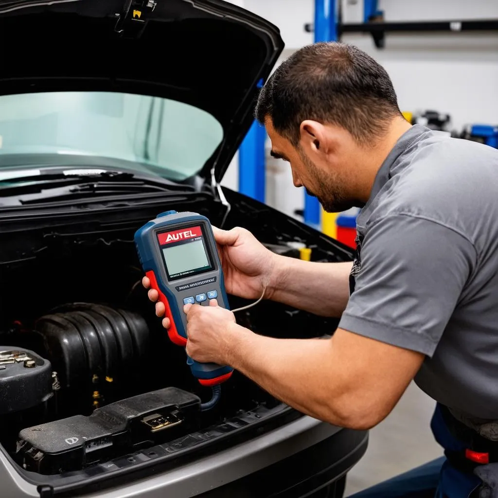 A mechanic using the Autel TS608 to diagnose a car's TPMS