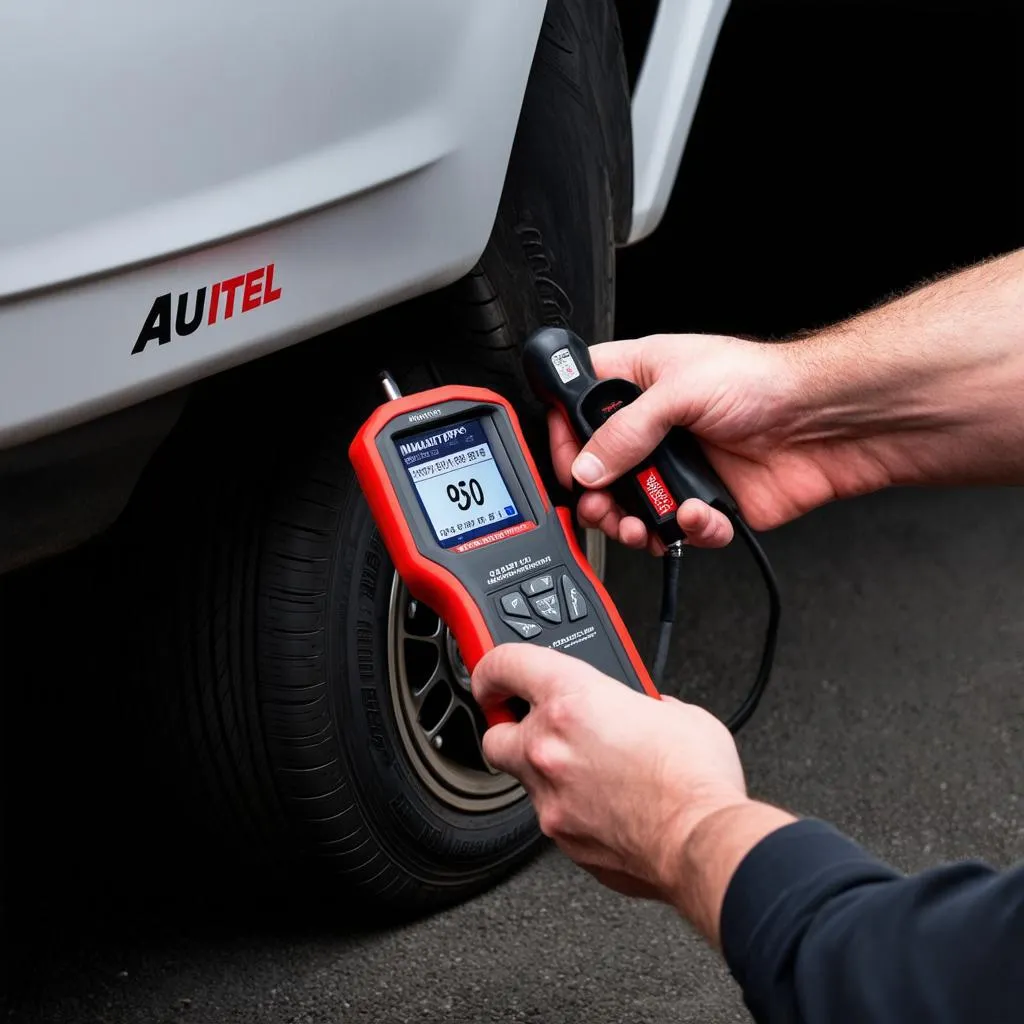 Mechanic using the Autel MaxiTPMS TS908 Pro on a car's tire