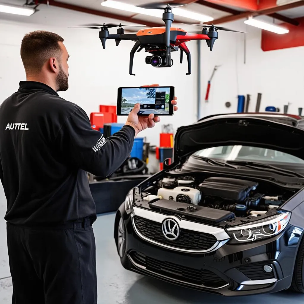 Mechanic inspecting a car with an Autel UAV