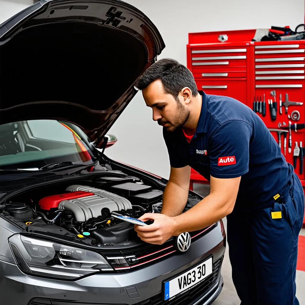 Mechanic using the Autel VAG505 to diagnose a car problem